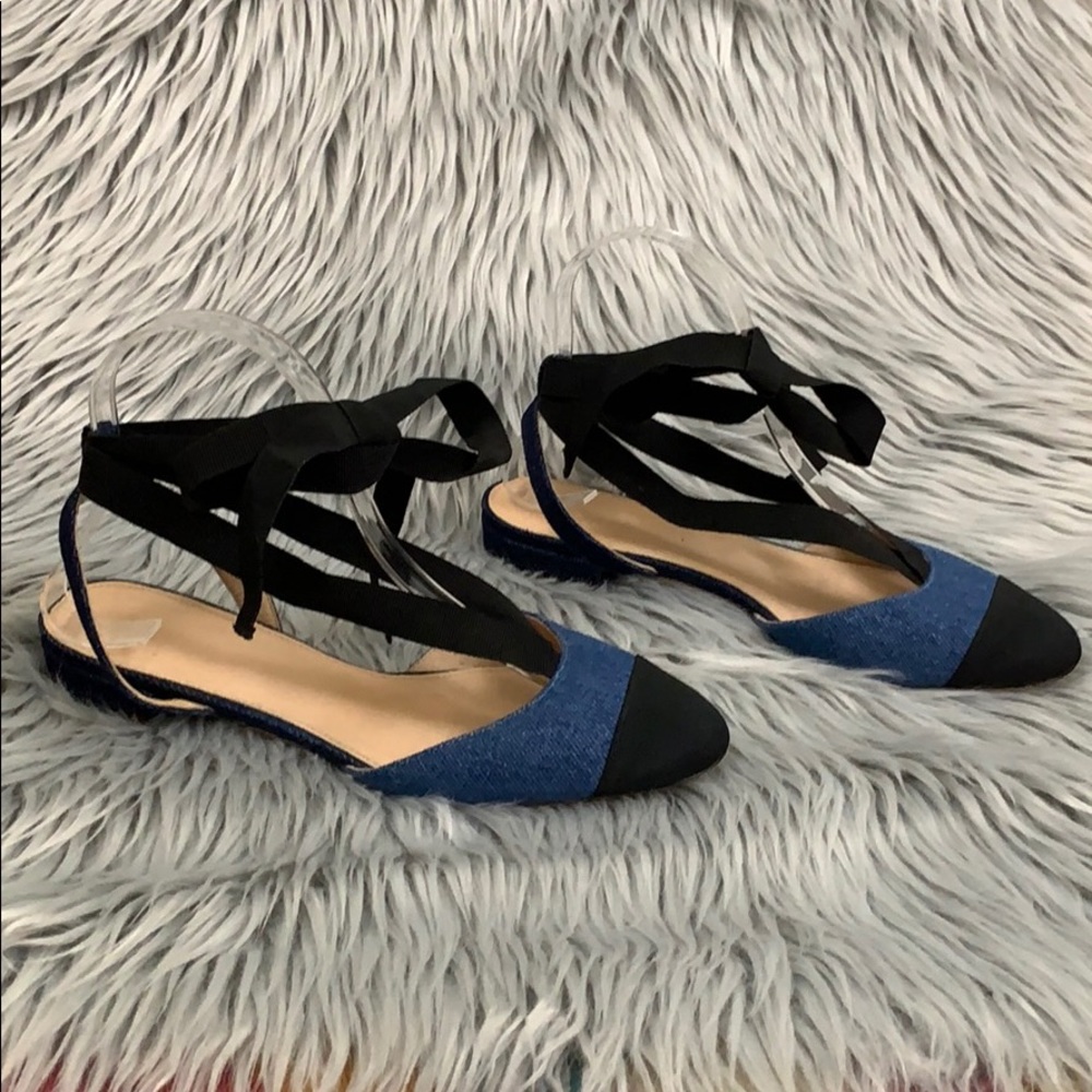 Denim and black grosgrain ribbon lace up flats